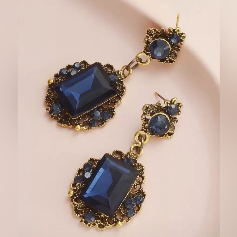 Gold-Tone Navy Blue Crystal Drop Earrings - Women Jewelry